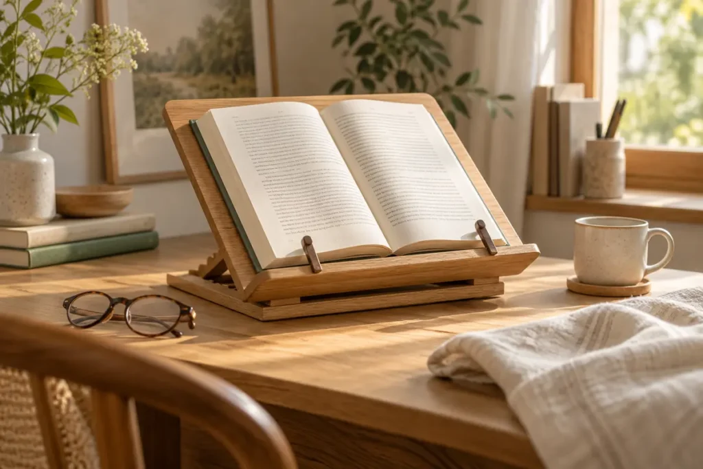 Wooden adjustable book stand holding an open book on a warm reading desk