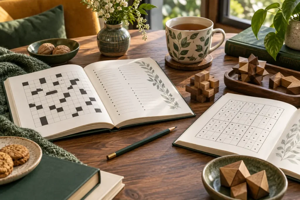 Puzzle books and wooden brain teasers arranged on a warm tabletop