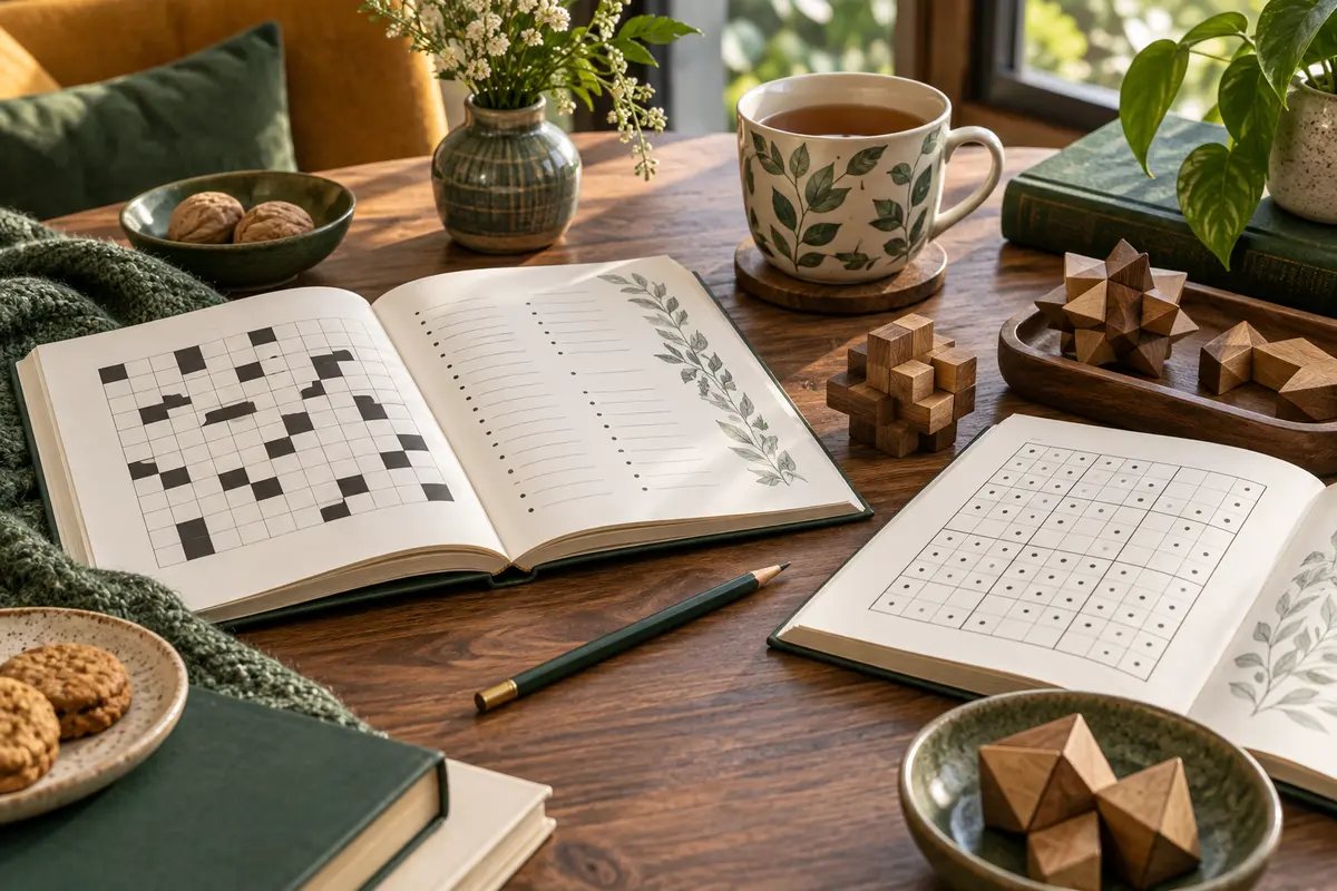 Puzzle books and wooden brain teasers arranged on a warm tabletop