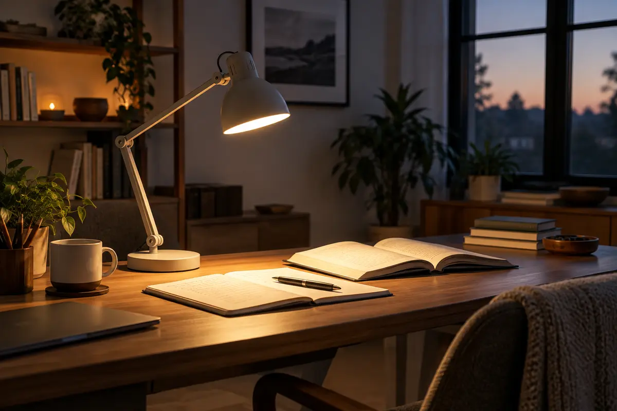 Adjustable desk lamp illuminating an open notebook and book in a calm home office