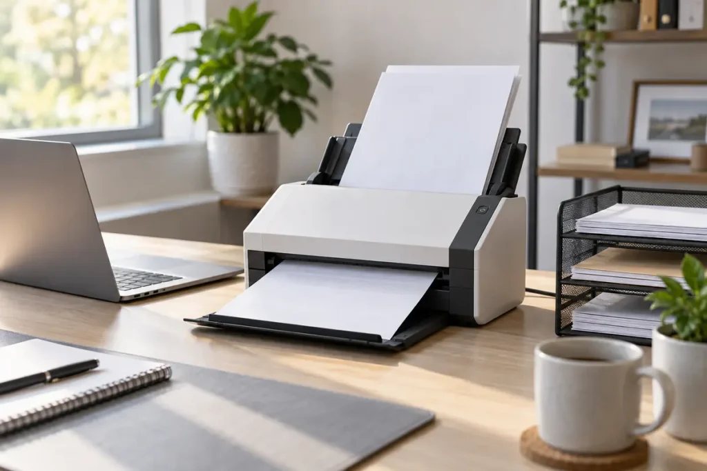 Compact document scanner processing papers beside an organized laptop workspace