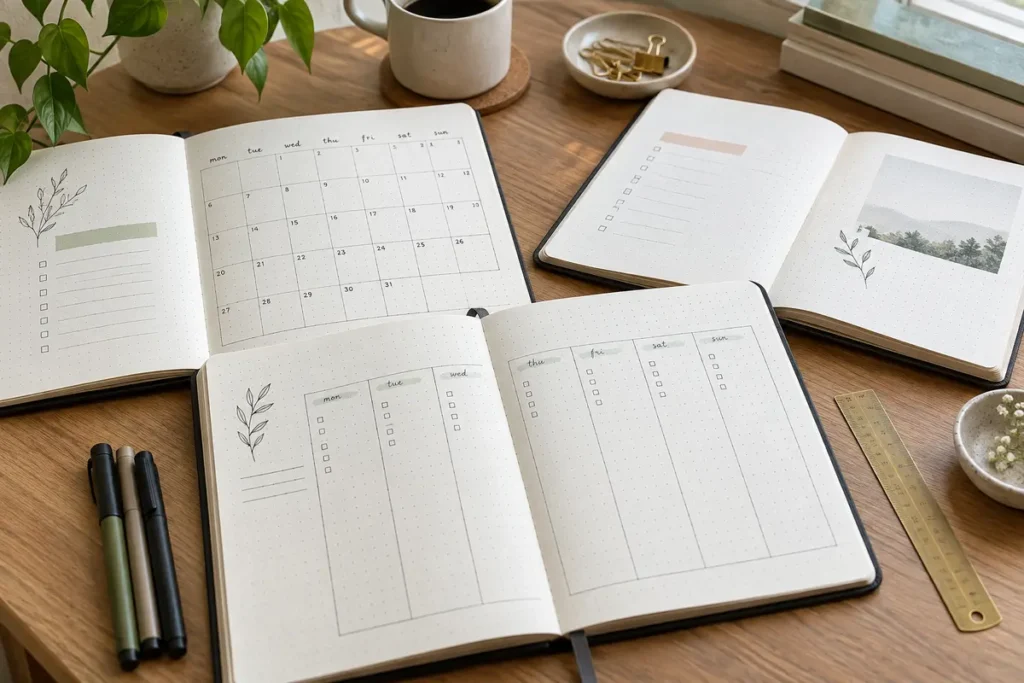 Open dot grid notebooks with simple planner layouts and pens on a bright wooden desk