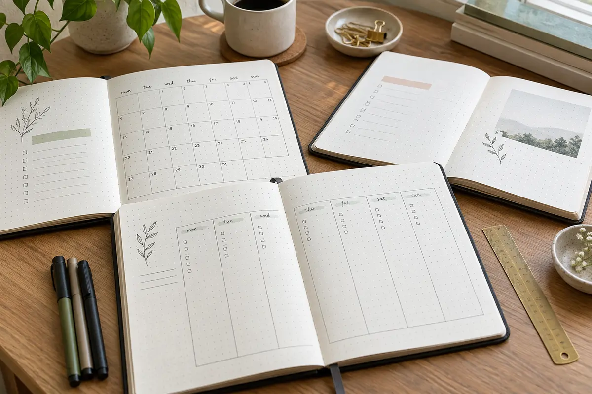Open dot grid notebooks with simple planner layouts and pens on a bright wooden desk