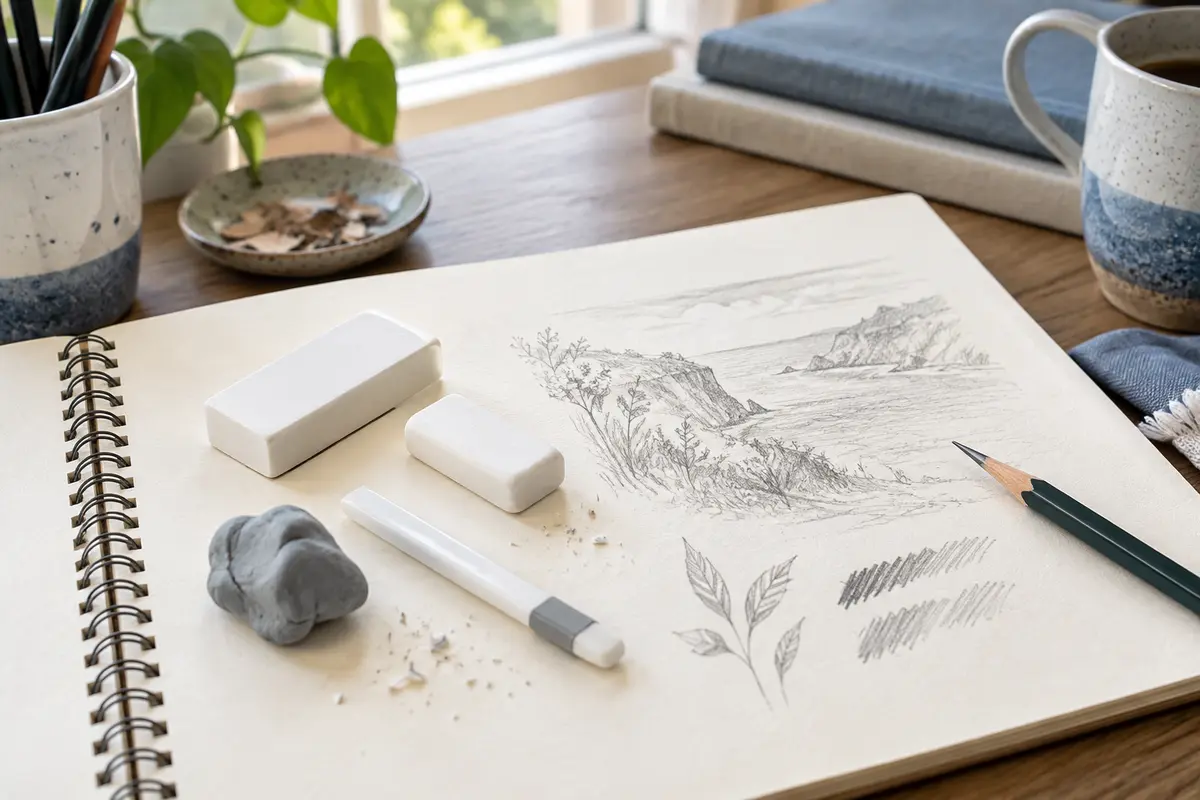 Block, precision, and kneaded erasers arranged on an open sketchbook