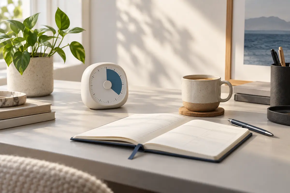 Visual focus timer beside an open planner on a bright modern desk