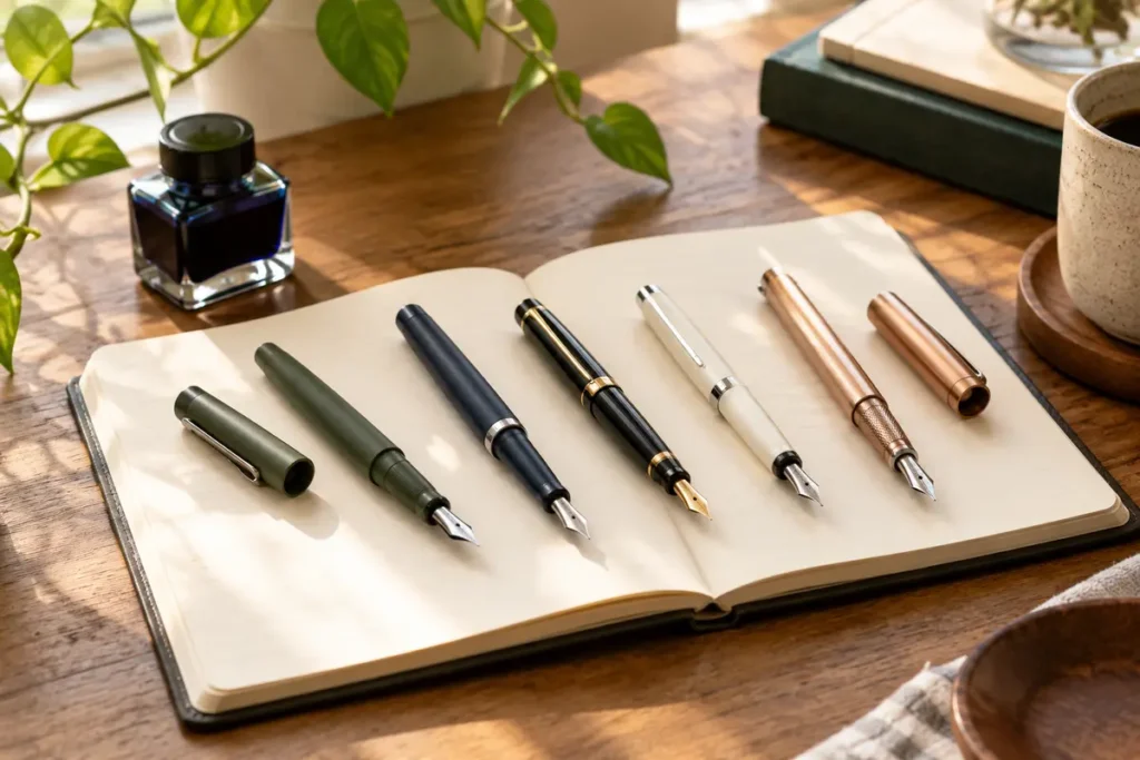 Five unbranded fountain pens beside an open notebook and ink bottle on a bright desk