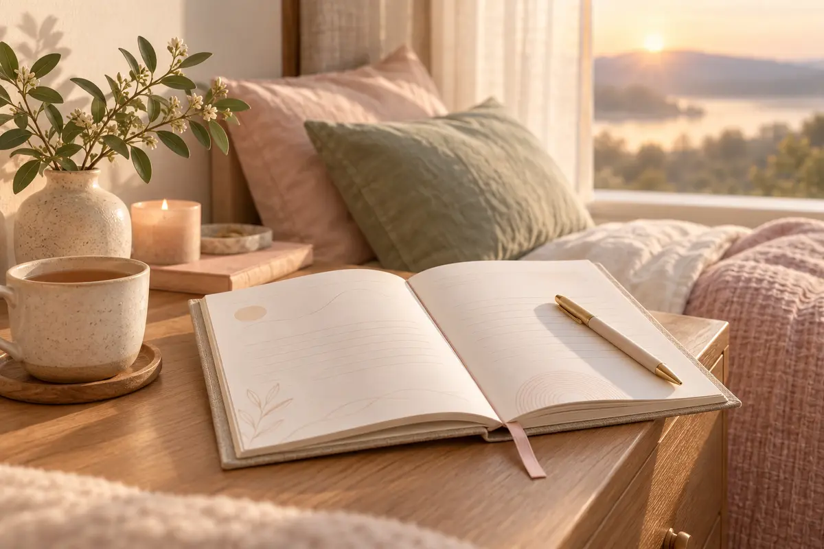 Open gratitude journal and pen in soft morning light beside a cup of tea