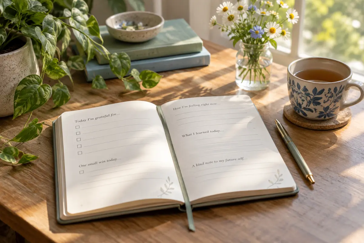 An open guided journal with short reflection prompts beside a pen, tea, and flowers
