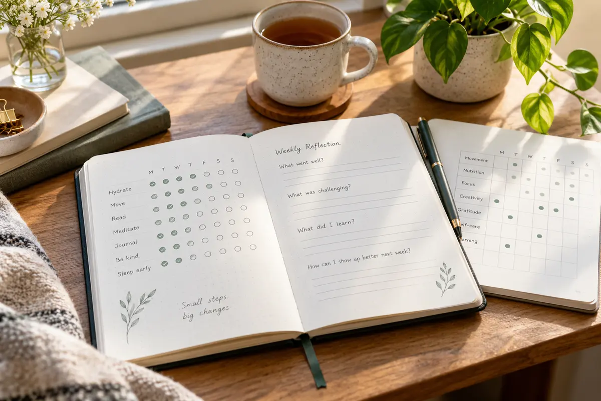 Habit tracking journals open to simple progress grids beside pens on a calm desk
