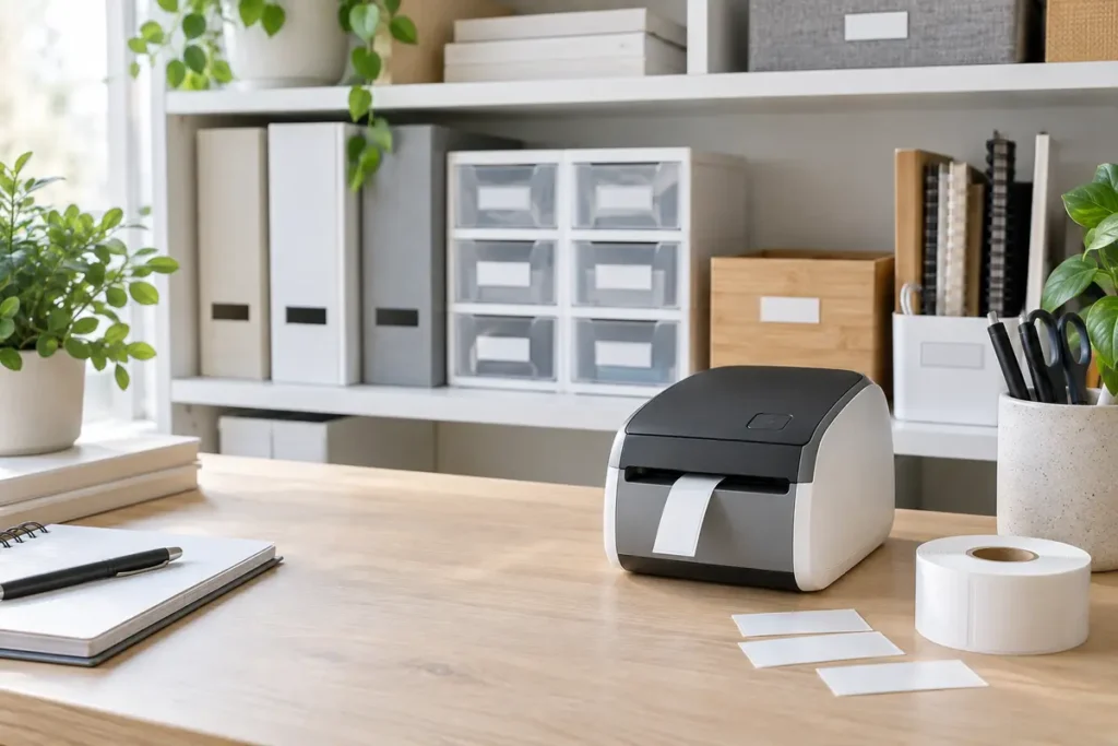 Compact label maker printing neat labels beside organized office drawers and storage boxes