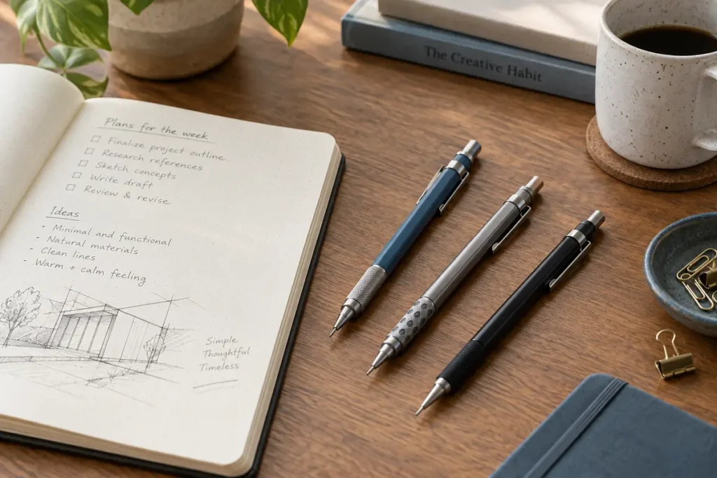 Three mechanical pencils beside an open planning and sketching notebook