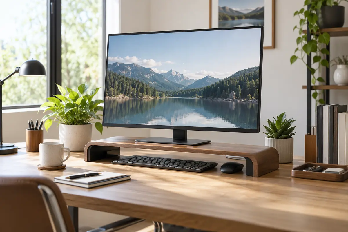 Computer monitor raised on a clean stand with organized storage on a bright desk