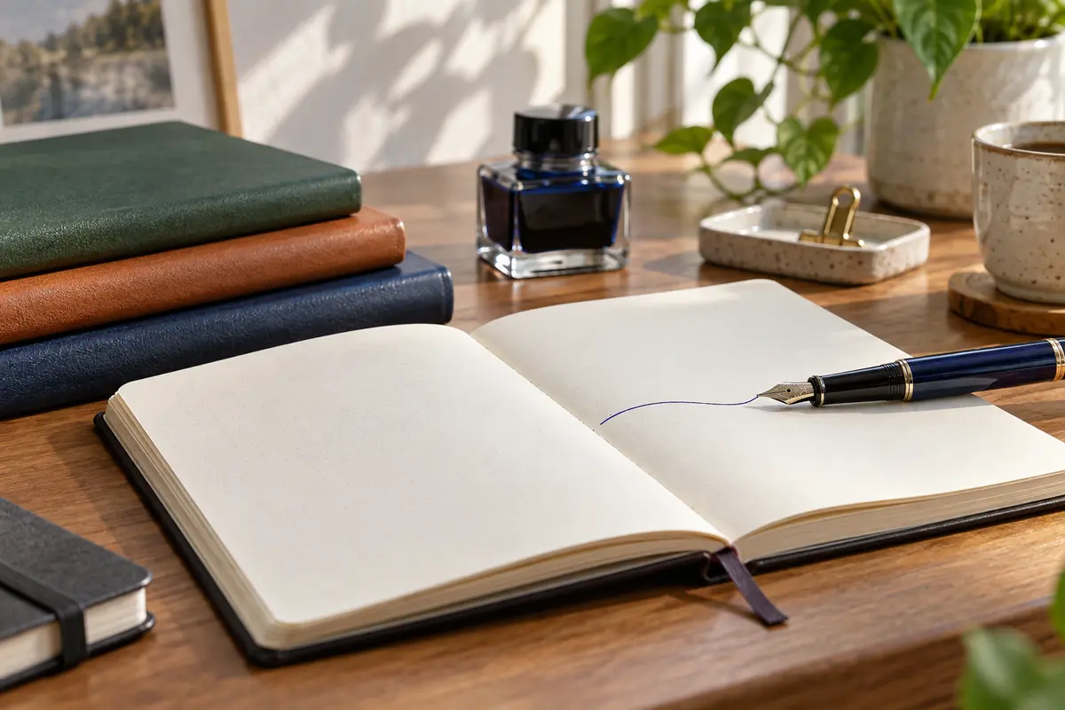 Fountain pen writing in an open notebook with several premium paper notebooks nearby