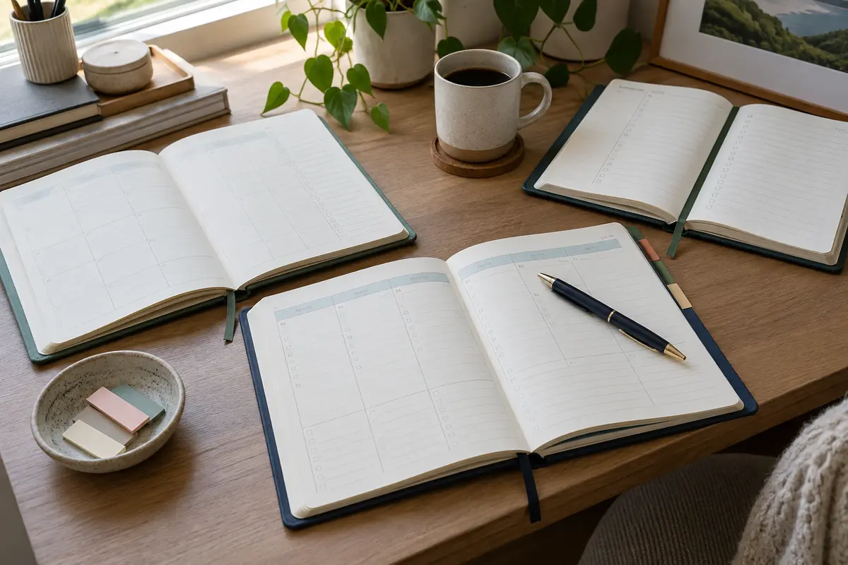 Several open paper planners showing weekly layouts on a calm bright desk