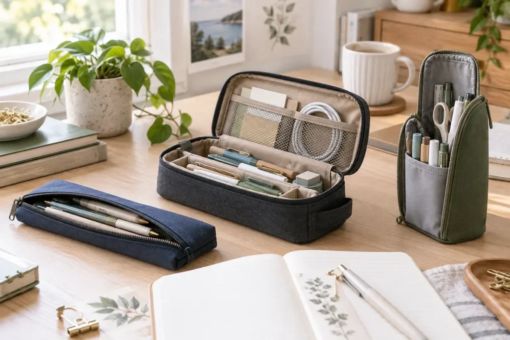 Three organized pencil cases open on a bright desk beside notebooks