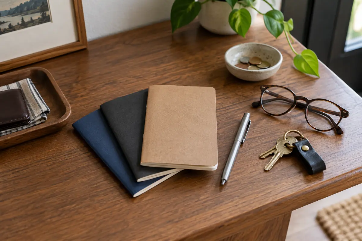 Several small pocket notebooks with a compact pen, keys, and glasses on a tidy desk
