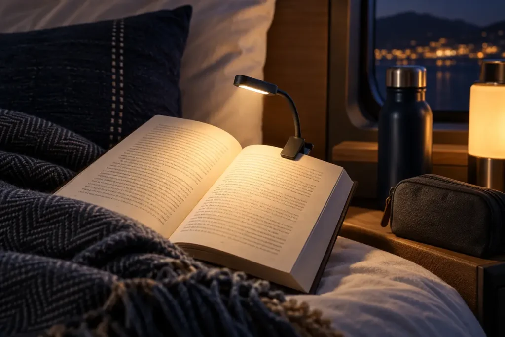 Compact clip-on reading light illuminating an open book in a cozy travel setting