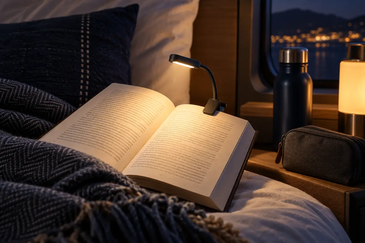 Compact clip-on reading light illuminating an open book in a cozy travel setting
