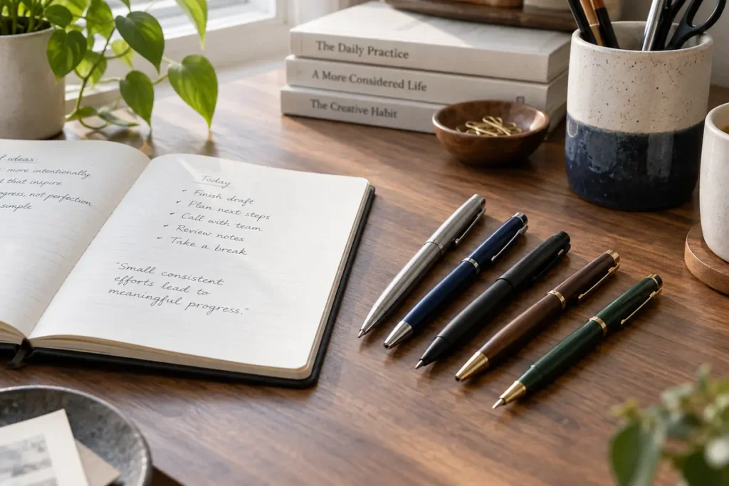 Five refillable pens arranged beside an open notebook on a bright wooden desk