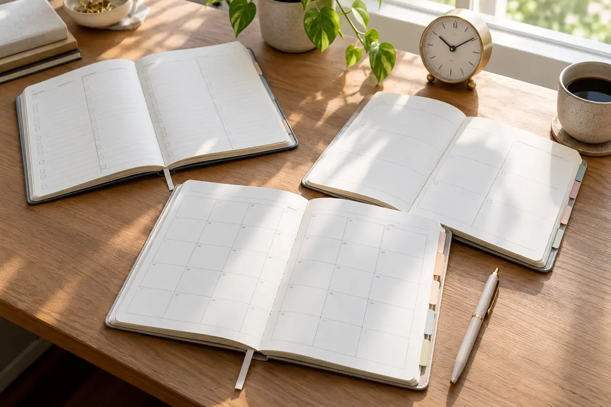 Undated weekly planners with flexible layouts, pens, and removable tabs on a bright desk