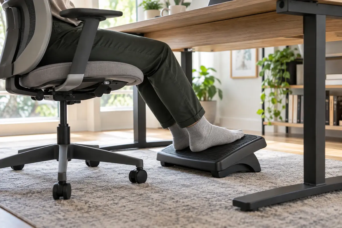 Supportive under-desk footrest positioned beneath a clean home-office desk