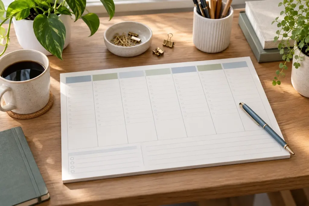 A weekly desk planning pad with pens and neatly arranged tasks on a bright workspace