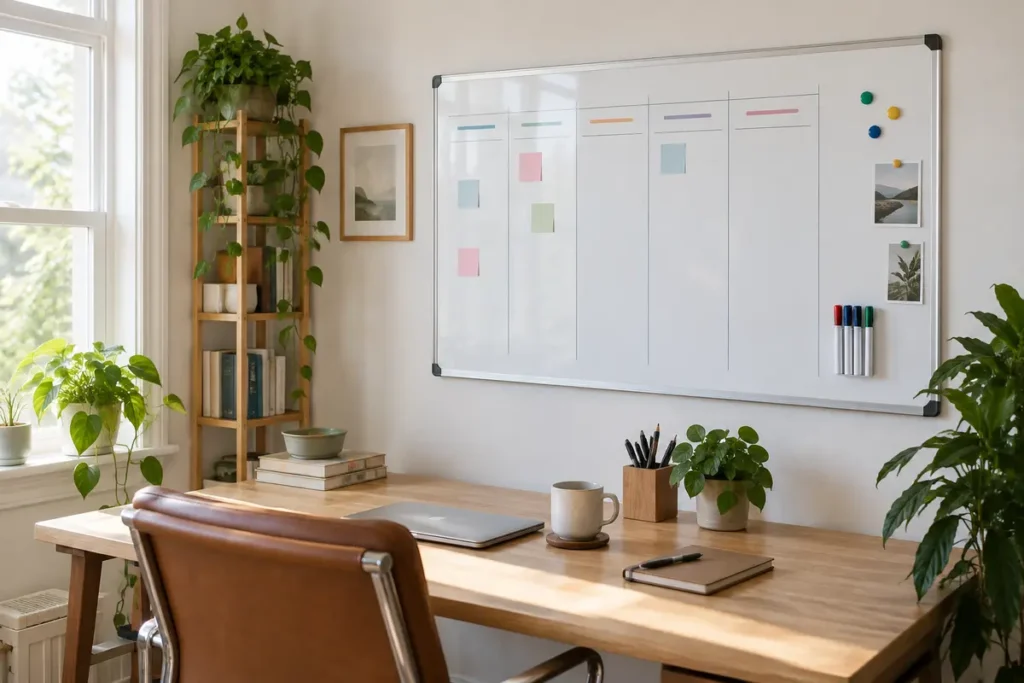 Clean wall-mounted whiteboard with a simple weekly plan beside a home-office desk