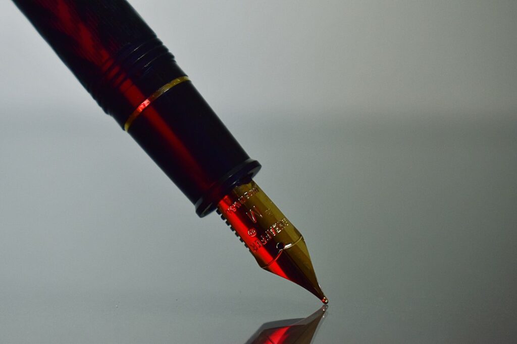 Illustrative fountain pen photograph, not a specific waterproof ink product