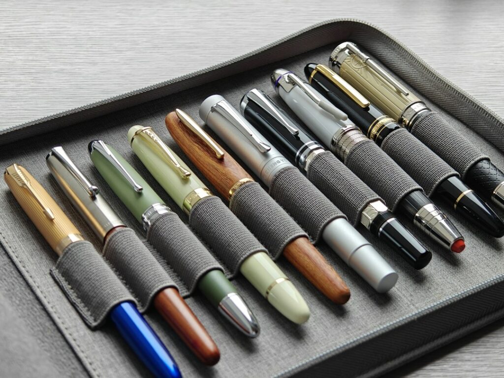 Fountain pens on a writing desk, illustrative photography