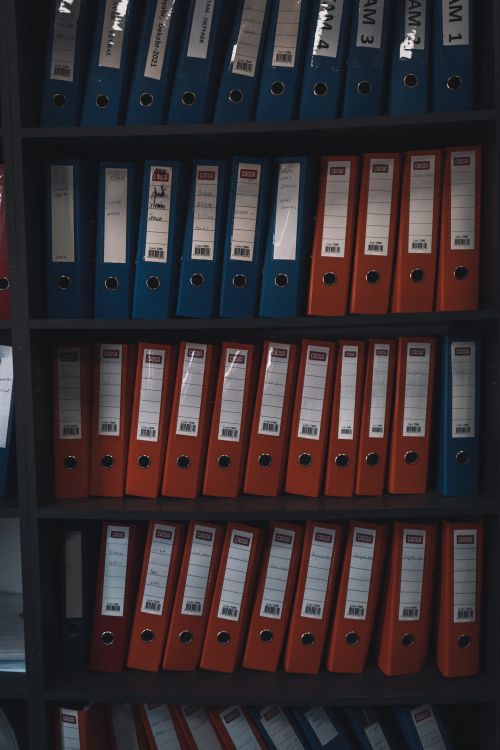 Colorful organized office files stored upright on a shelf
