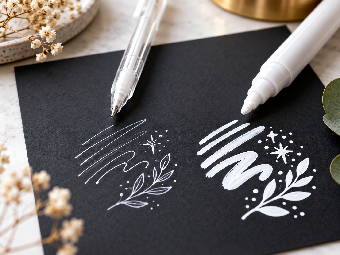 AI-generated illustrative image comparing white gel pen vs white paint marker for art highlights
