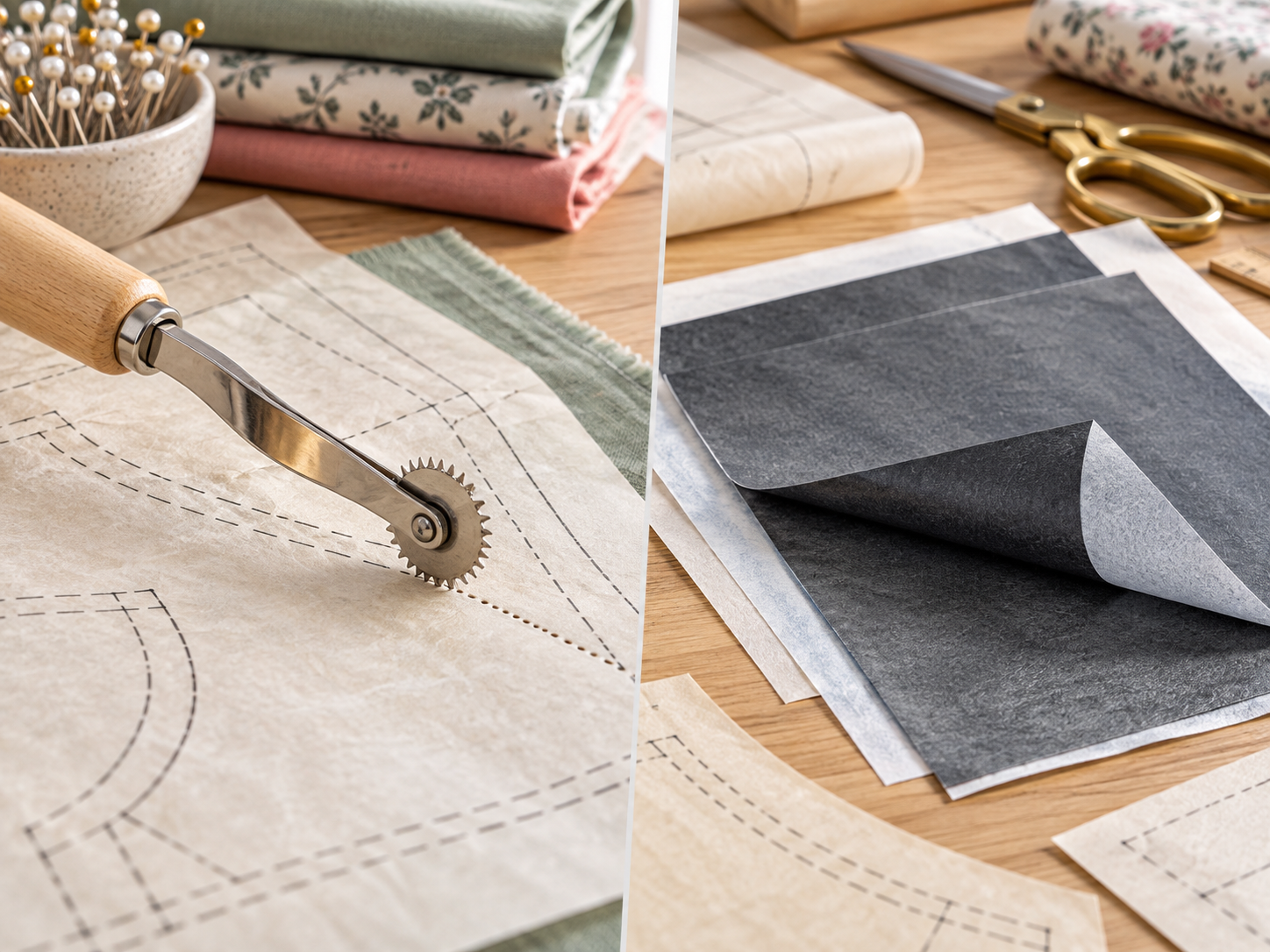 AI-generated illustrative image comparing tracing wheel vs graphite transfer paper for craft patterns