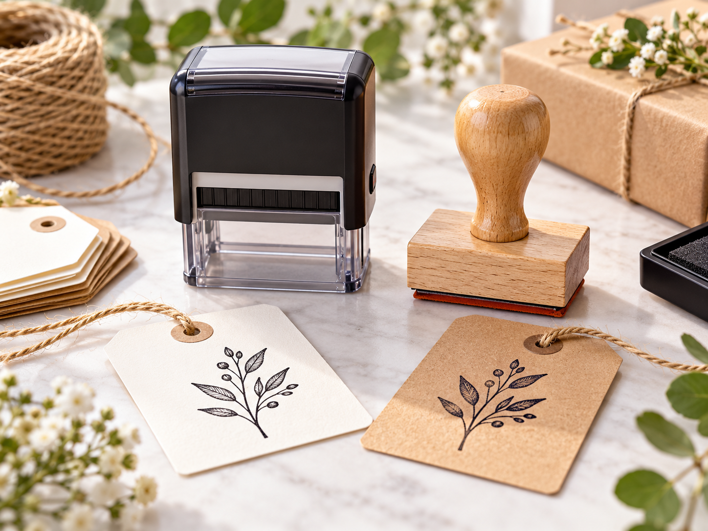 AI-generated illustrative image comparing self-inking stamps vs wooden rubber stamps for craft labels