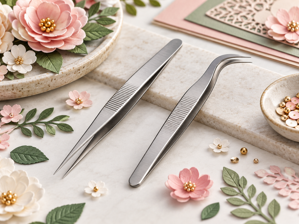 AI-generated editorial illustration: Straight vs curved precision tweezers