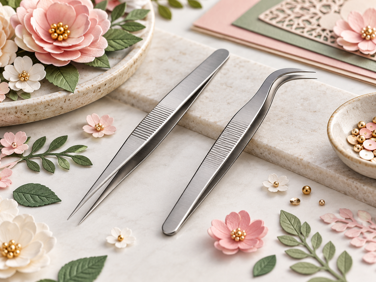 AI-generated illustrative image comparing straight vs curved craft tweezers for tiny paper pieces