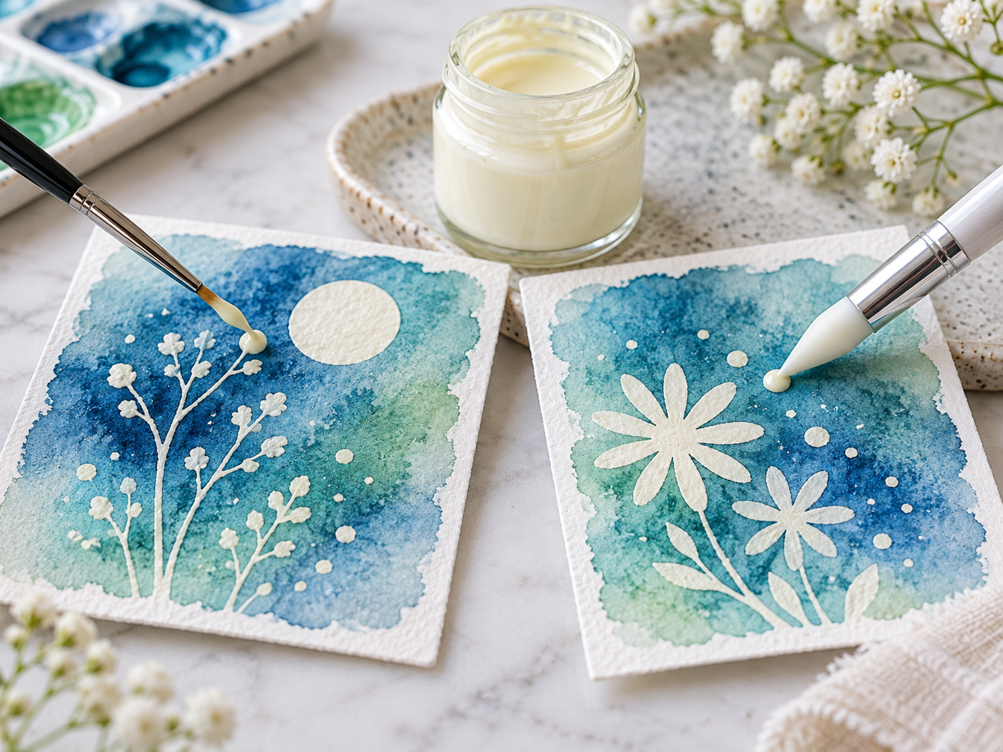 AI-generated illustrative image comparing brush vs silicone tip for applying watercolour masking fluid