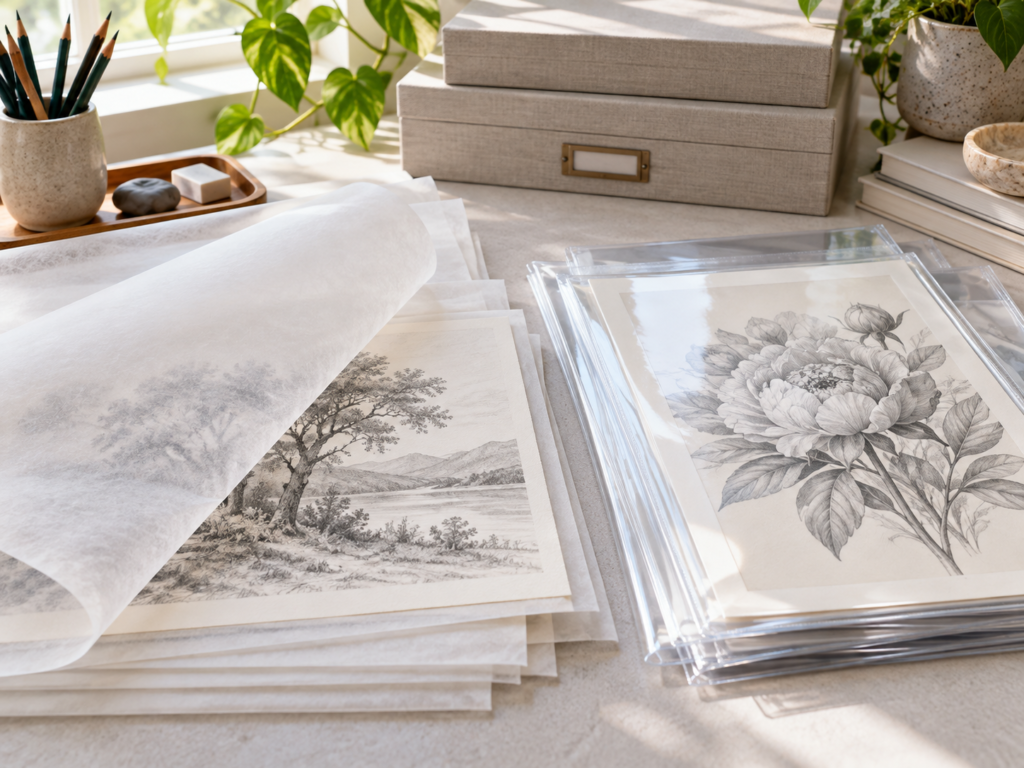 AI-generated editorial illustration: Glassine vs clear art sleeves