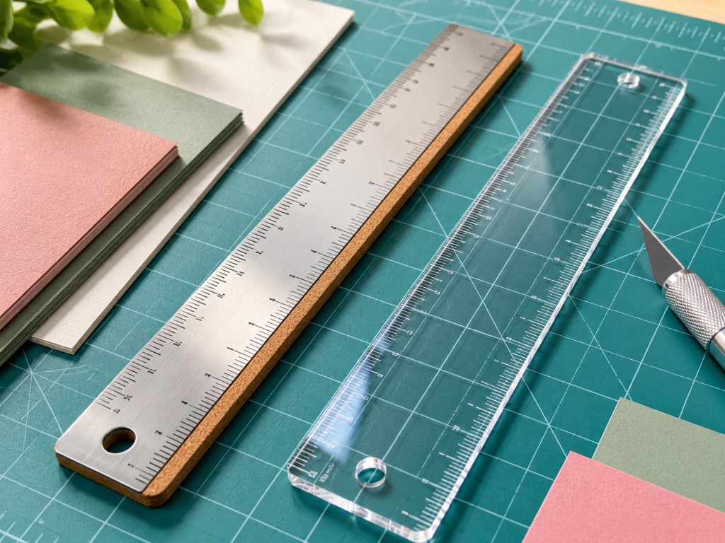 AI-generated editorial illustration: Cork backed metal vs acrylic ruler