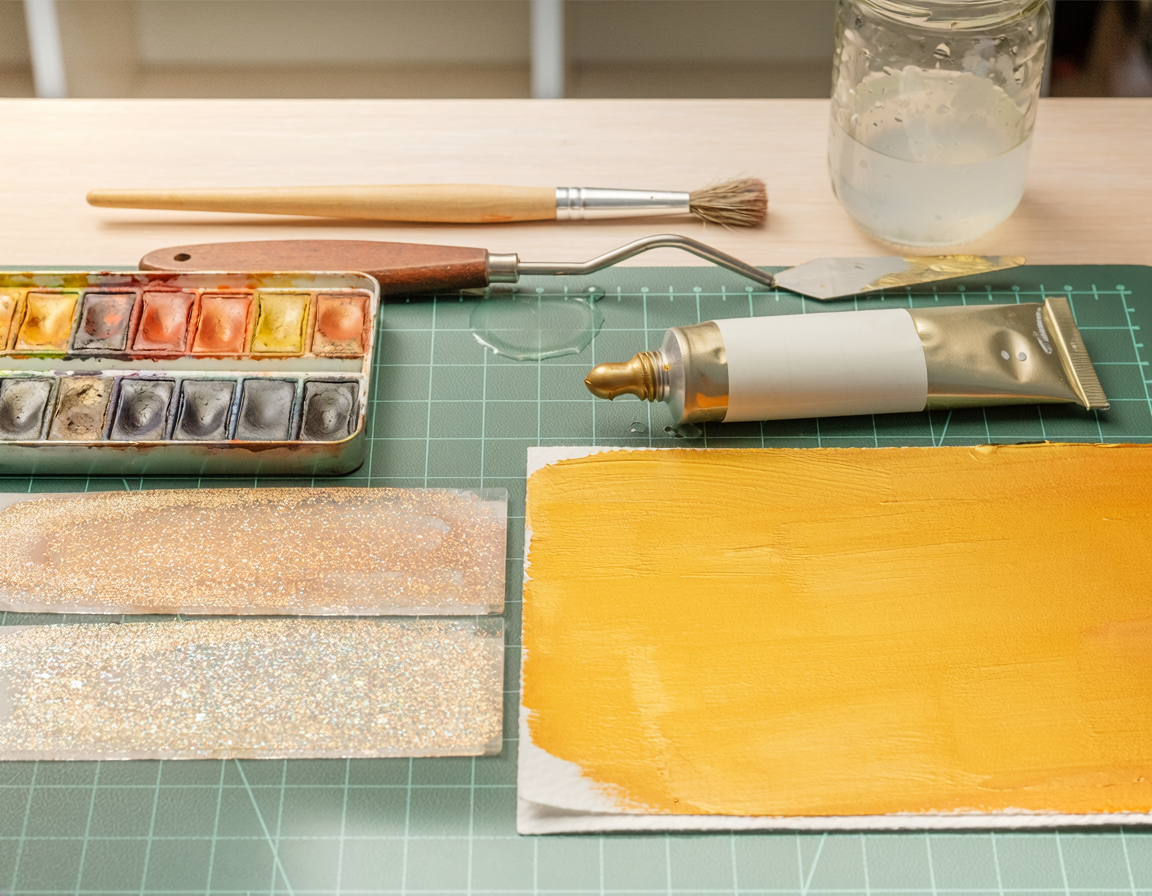 AI-generated illustrative comparison for Metallic Watercolour Paint vs Metallic Acrylic Paint for Handmade Cards