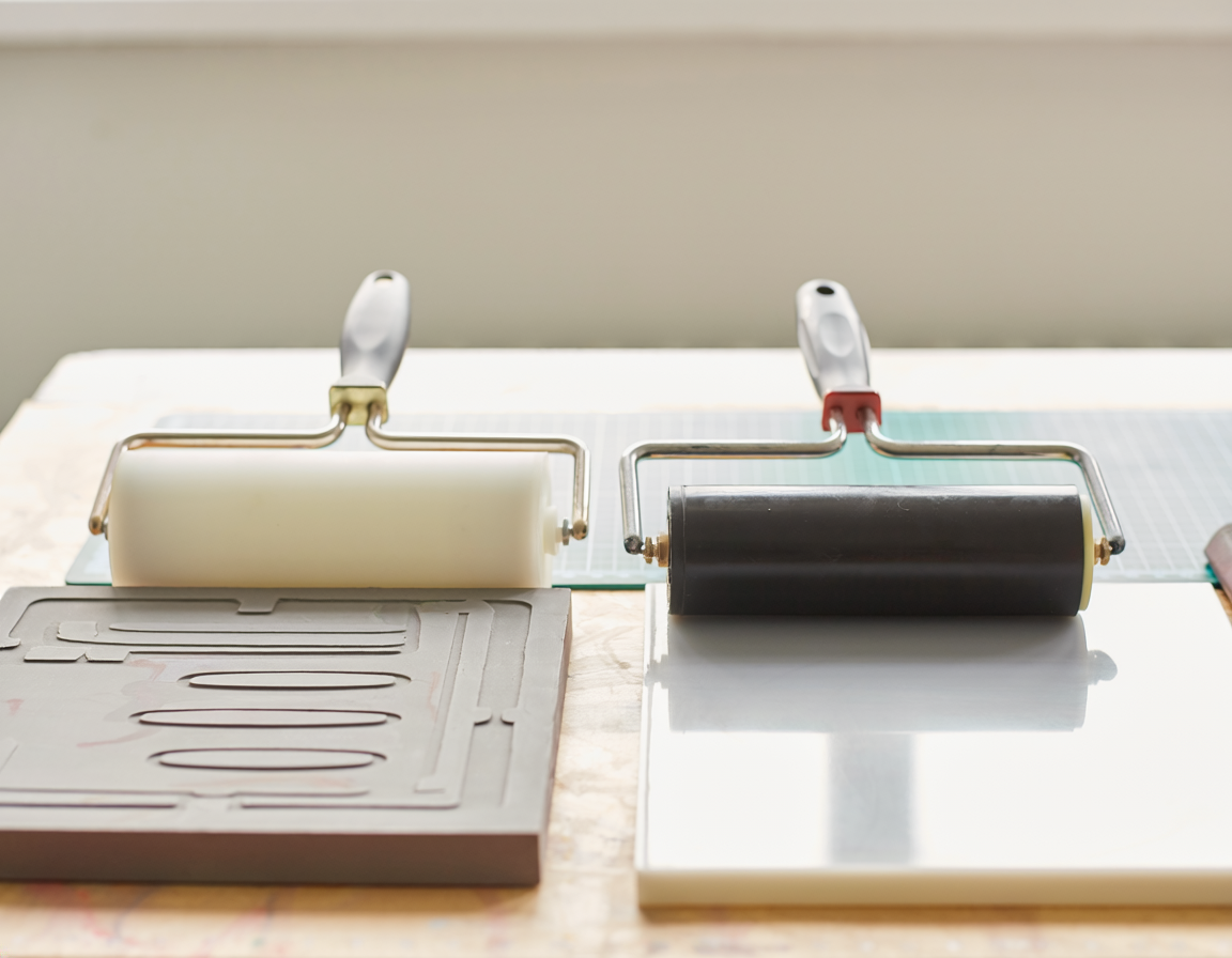 AI-generated illustrative craft product comparison for Soft Rubber Brayer vs Hard Rubber Brayer for Block Printing