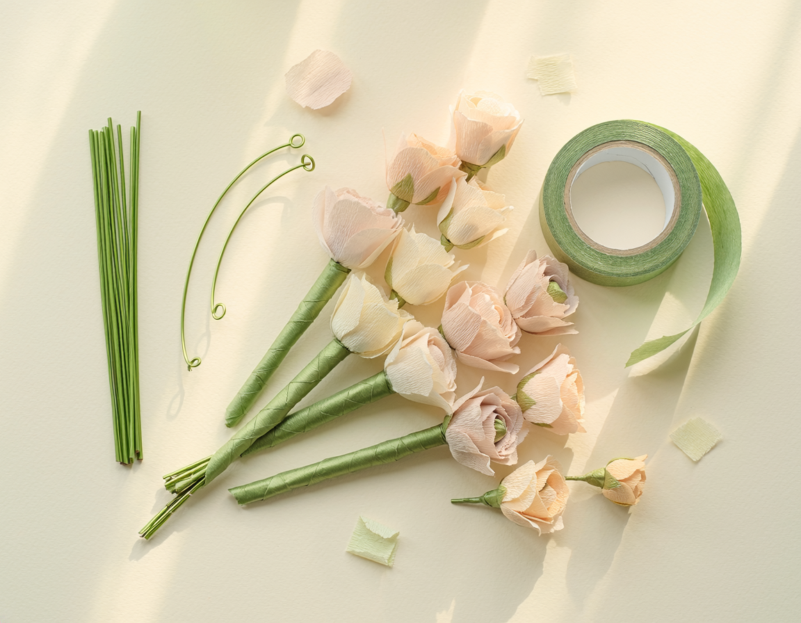 AI-generated illustrative craft product comparison for Floral Wire vs Floral Tape for Handmade Paper Flowers
