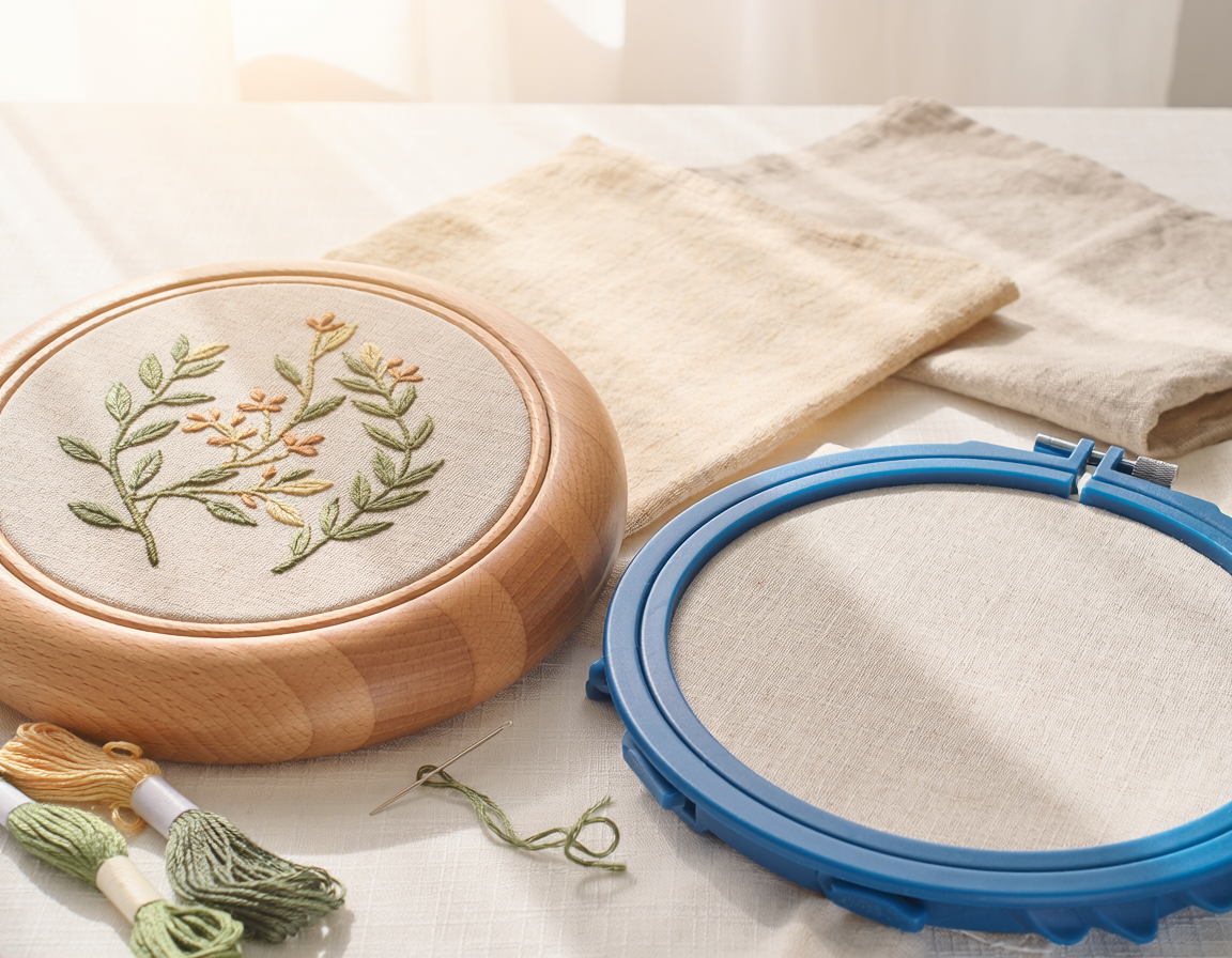 AI-generated illustrative craft product comparison for Wood Embroidery Hoop vs Plastic Hoop for Fabric Tension