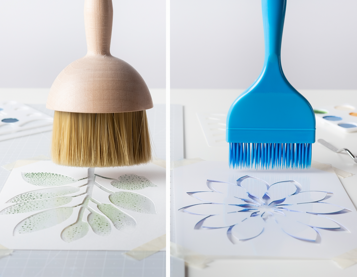 AI-generated illustrative craft comparison for Natural Bristle Stencil Brush vs Synthetic Stencil Brush