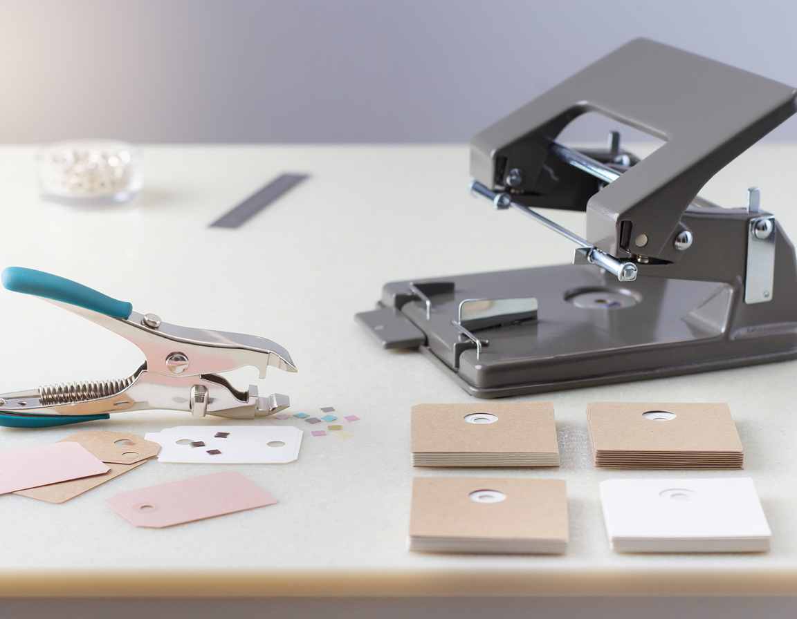 AI-generated illustrative craft comparison for Handheld Hole Punch Pliers vs Desktop Punch for Gift Tags