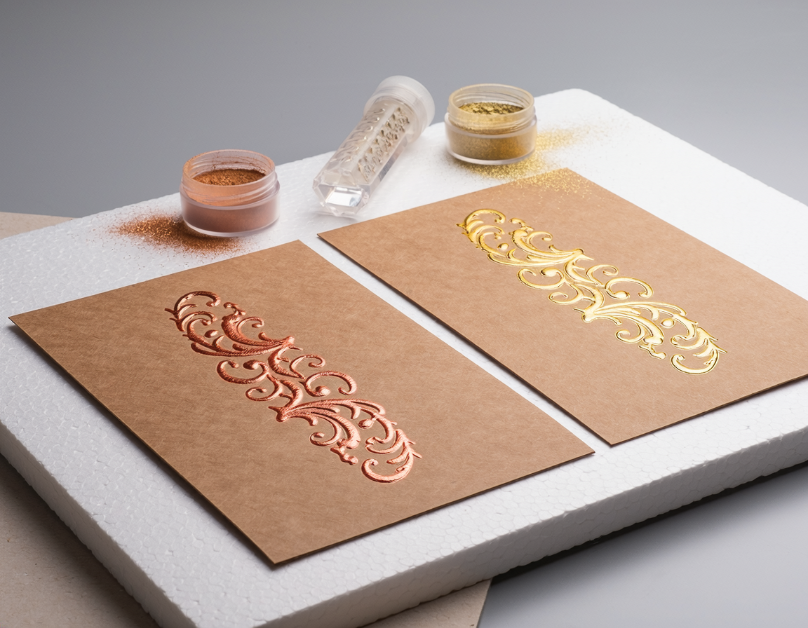 AI-generated illustrative craft comparison for Copper vs Gold Heat Embossing Powder for Kraft Invitations