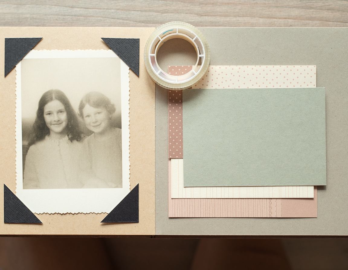 AI-generated illustration of Photo Corners vs Double-Sided Tape for Scrapbooks