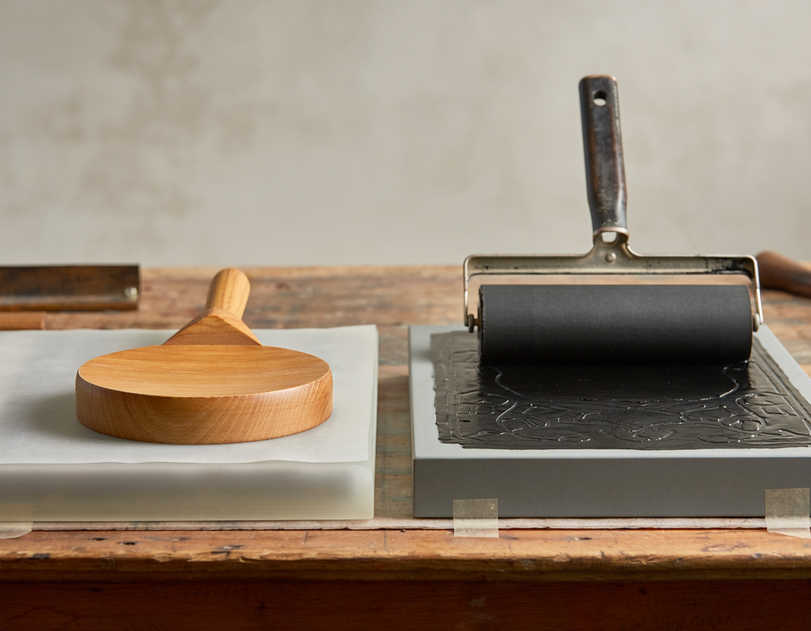 AI-generated illustration of Wooden Baren vs Rubber Brayer for Hand Printing