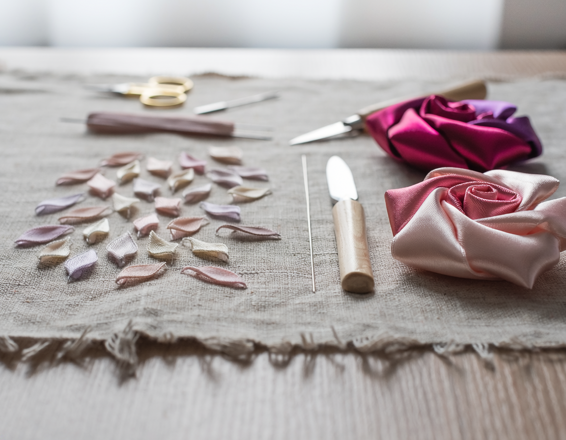 AI-generated illustrative comparison for Silk Ribbon vs Satin Ribbon for Embroidery Flowers