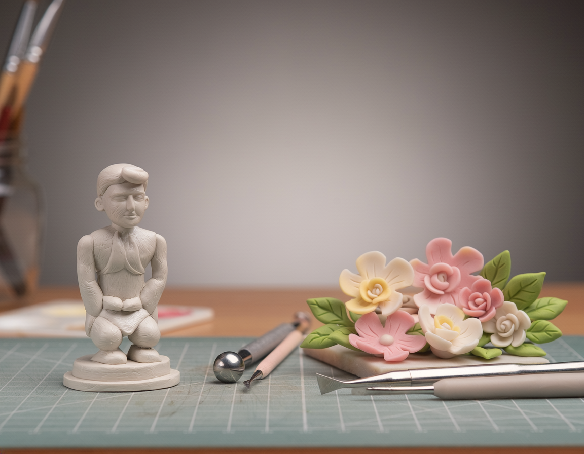 AI-generated illustrative comparison for Paper Clay vs Polymer Clay for Miniature Sculptures