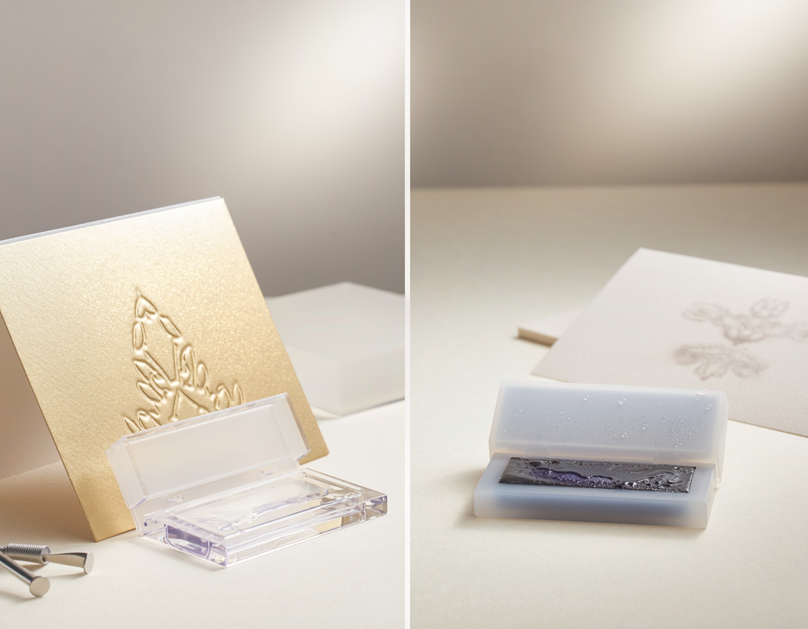 AI-generated illustrative comparison for Embossing Ink Pad vs Clear Watermark Ink for Card Design